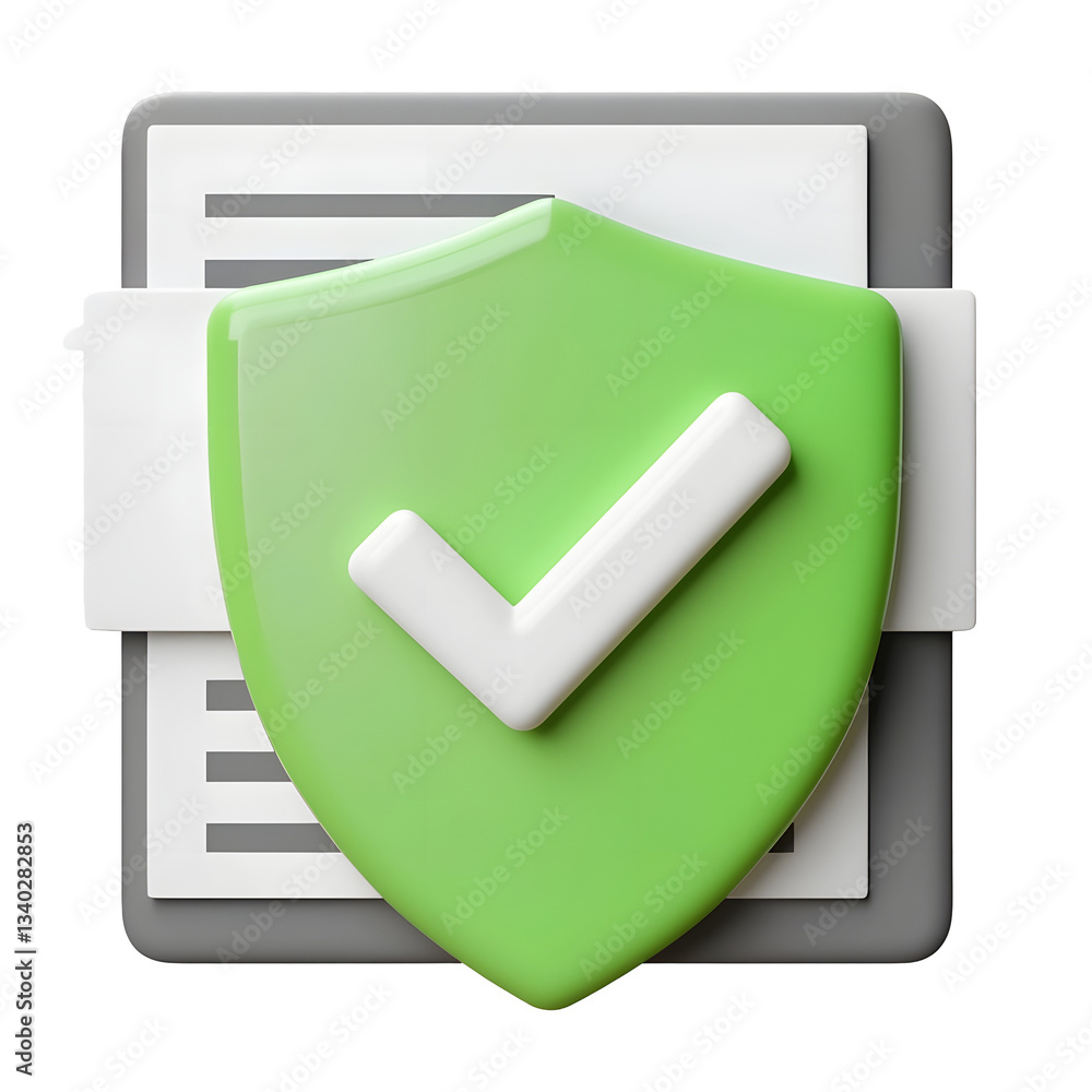 Poster A clean and futuristic 3D rendered icon representing a checklist document featuring a protective green shield with a white checkmark symbolizing approval and reliability