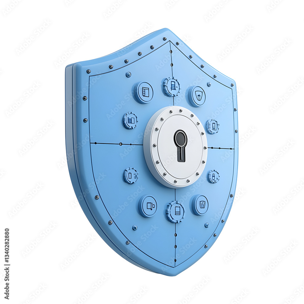 Poster digitally rendered glossy blue shield icon with a sleek futuristic design symbolizing advanced digit
