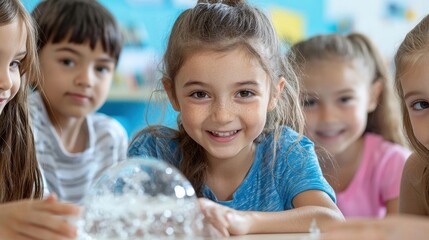 Children Engaging in Fun Science Experiment with Bubbles and Smiles