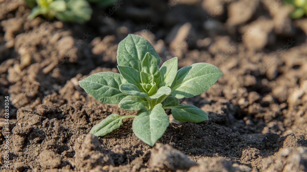 Poster tender sprout emerging from the fertile soil in early spring sunshine symbolizing new beginnings and