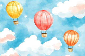 Naklejka premium Colorful hot air balloons float through a serene sky filled with fluffy clouds, creating a whimsical and dreamy atmosphere.