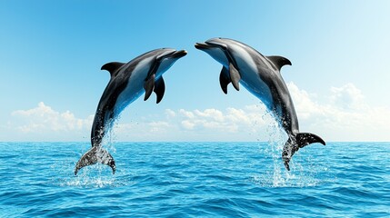 Fototapeta premium Two Dolphins Leap and Play in the Ocean Under a Bright Blue Sky