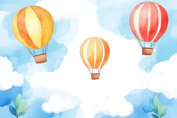 Fototapeta premium Three colorful hot air balloons drift through a bright blue sky with fluffy clouds, surrounded by soft, watercolor greenery.