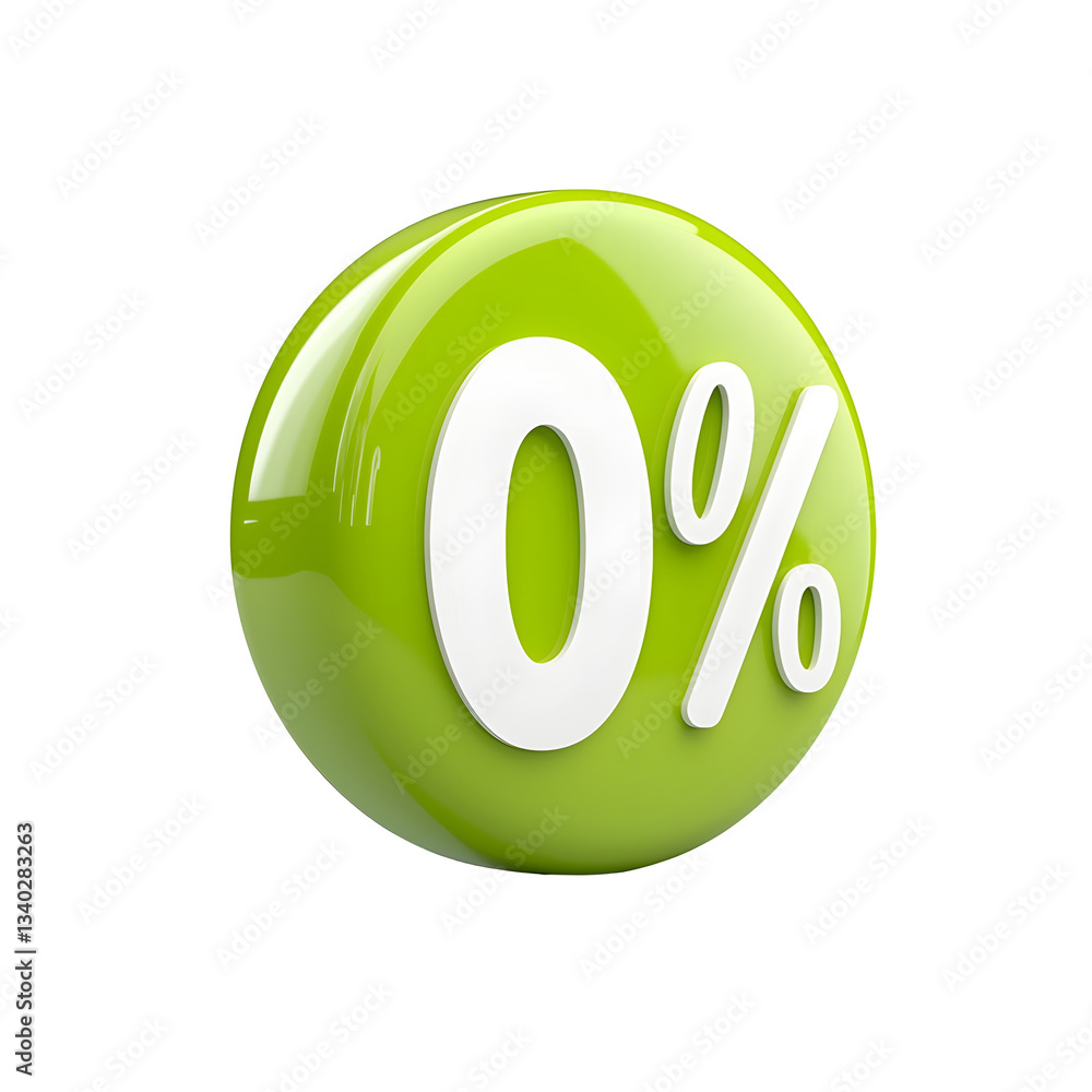 Poster close up 3d render of a bright green glossy circular icon with a clean white percent symbol creating