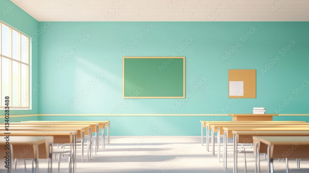 Poster bright and spacious classroom with empty desks and chalkboard