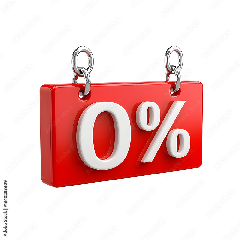 Poster close up of a bright red rectangular discount label with a clean white 0 symbol featuring a reflecti