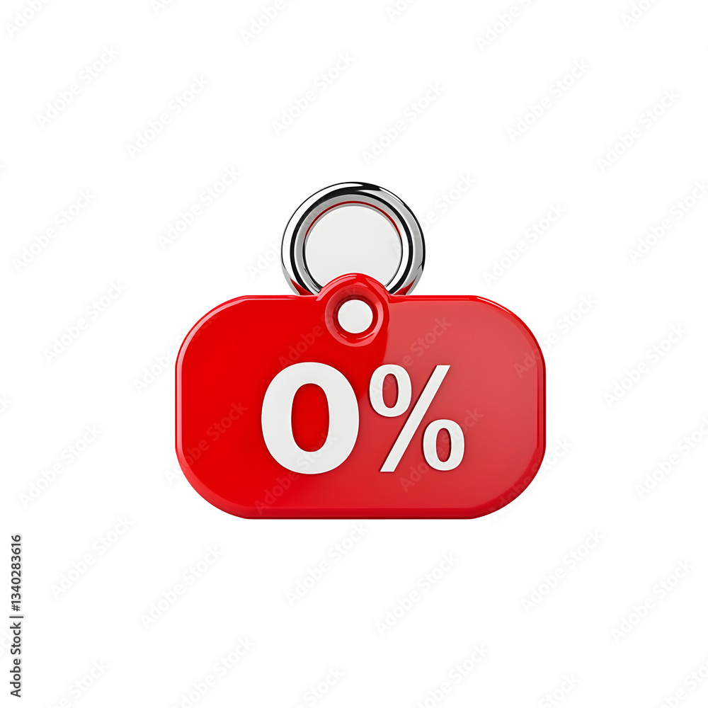 Poster close up 3d render of a vibrant red rectangular discount label with a clean white 0 symbol featuring