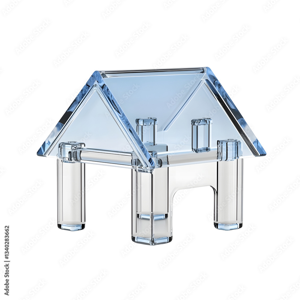 Poster Conceptual 3D render of a minimalist transparent blue glass house building icon with smooth reflective surfaces and a clean geometric design isolated on a white background