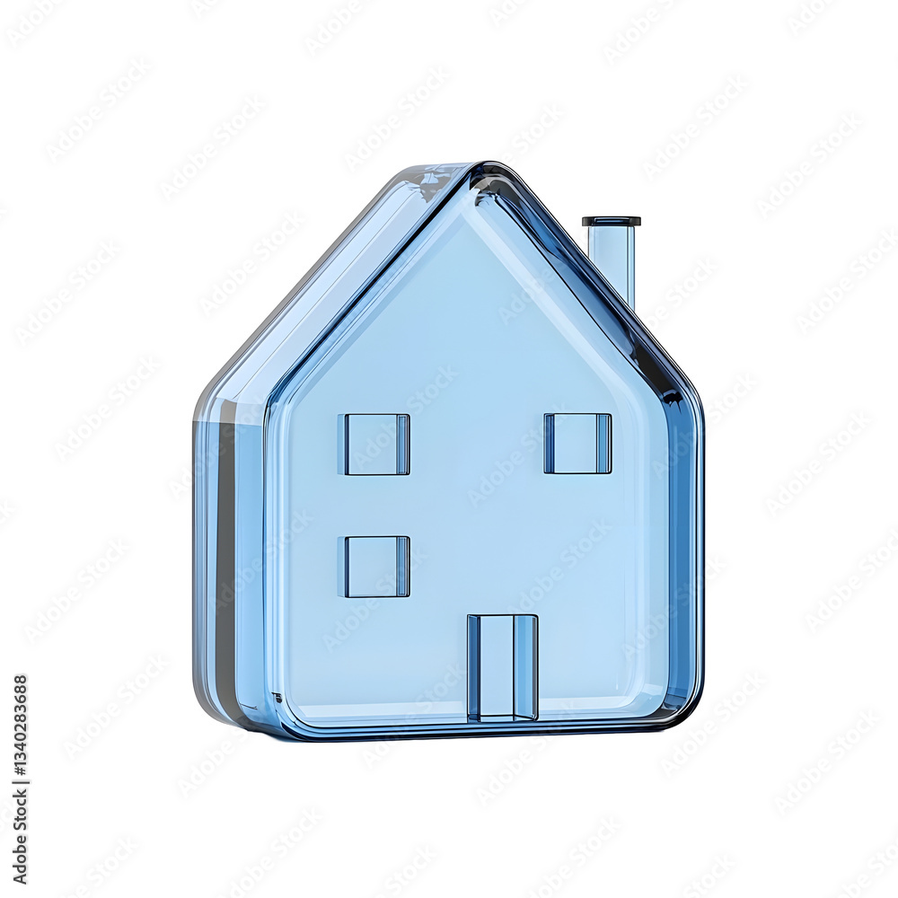 Poster A sleek and translucent 3D rendering of a futuristic blue crystal house building icon with a minimalist geometric design in a glass morphism style isolated on a white background