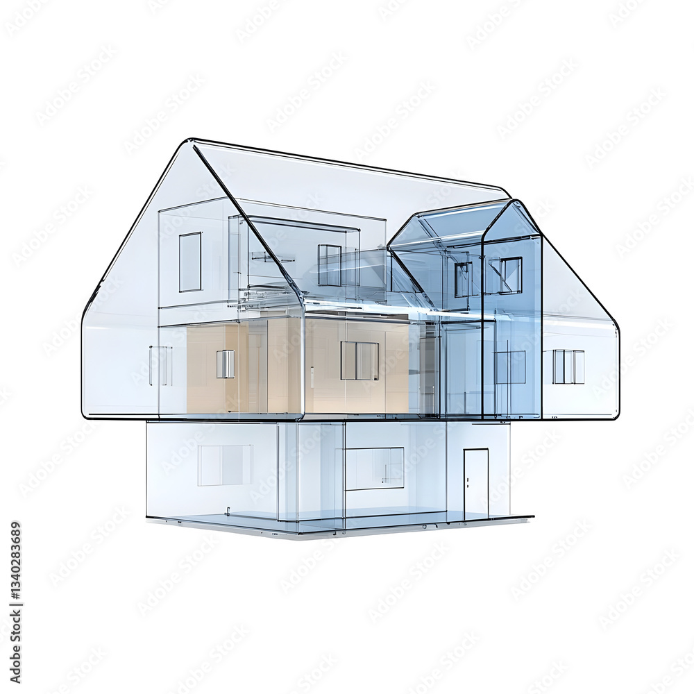 Poster a sleek and translucent 3d render of a futuristic blue crystal house building icon featuring a conte