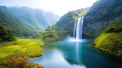 Fototapeta premium Waterfall landscapes idea. A stunning waterfall cascading into a serene lake surrounded by lush greenery.