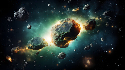 A stunning collection of asteroids suspended in the night sky with a starry background creating a cosmic and enigmatic atmosphere.