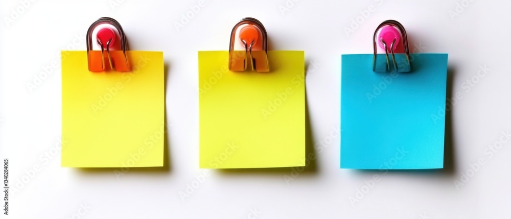 Poster colorful memo notes attached with binder clips on white background for reminders and organization in