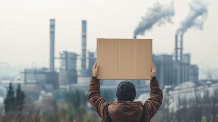 A person holding up an empty cardboard sign in front of industrial pollution, symbolizing the urgent need for sustainable and eco-friendly practices to address global environmental challenges.  