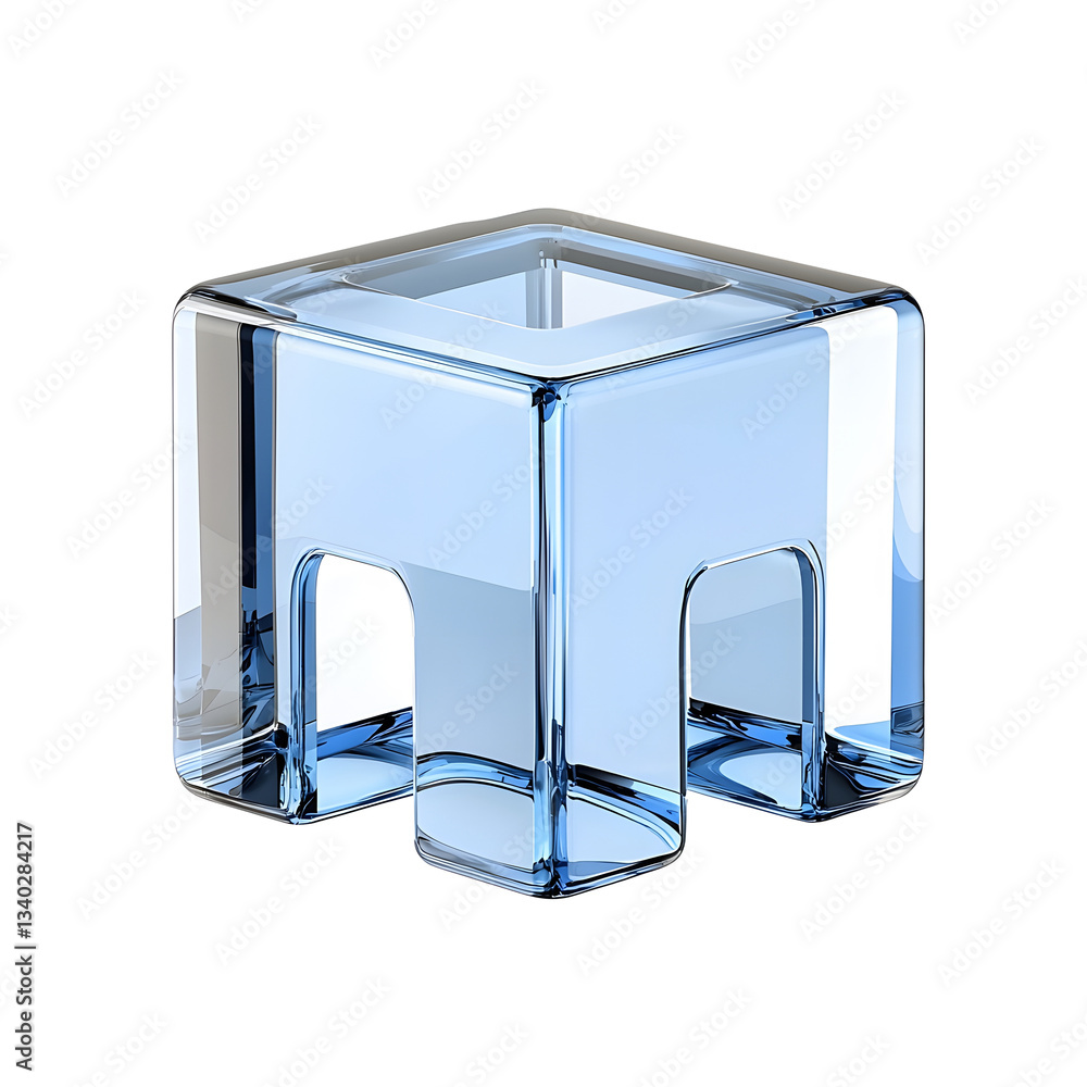 Poster a modern minimalist glass cube with a cool blue hue and gentle lighting effects creating a futuristi