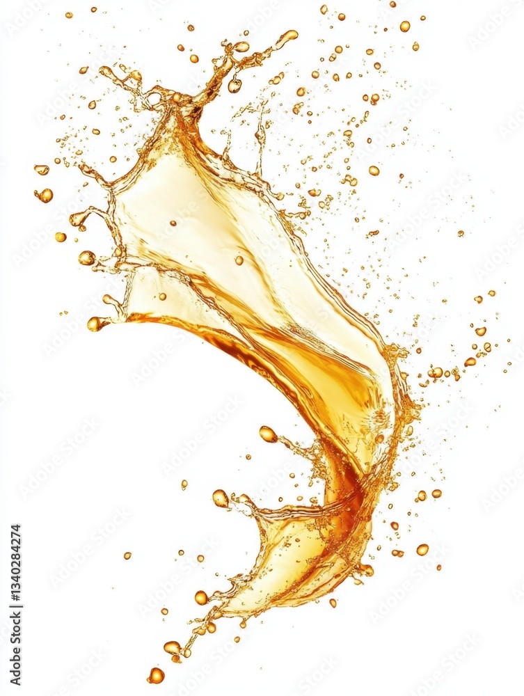 Poster dynamic liquid splash with golden hue against a pristine white backdrop creating a refreshing and en