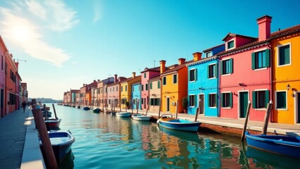 Charming canal scene with brightly colored houses and boats. A picturesque travel destination, generate AI