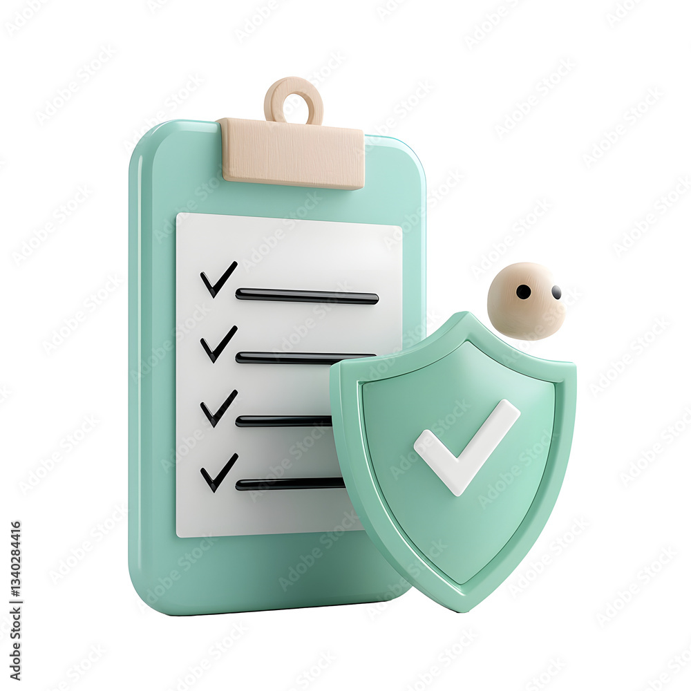 Aufkleber A 3D rendered blue crystal checklist document icon with black horizontal lines and bullet points paired with a green shield featuring a white checkmark symbolizing security and verification