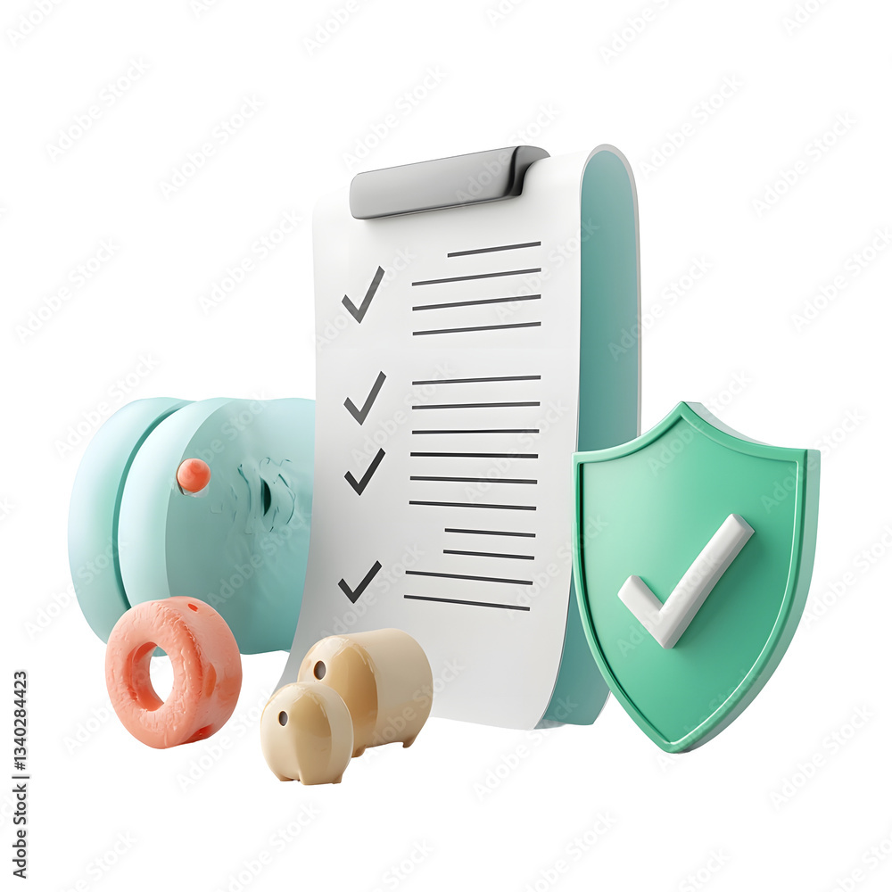 Fototapete Sleek blue crystal checklist document with dark bullet points and horizontal bars next to a green shield with a glowing white checkmark symbolizing security and verification