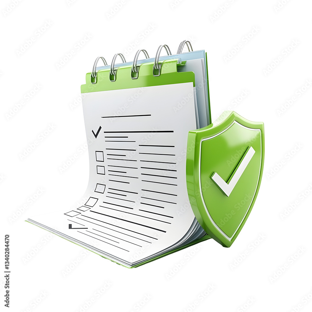 Poster A 3D rendered transparent digital checklist document secured by a protective green shield with a bold white checkmark conveying a sense of security compliance and verification