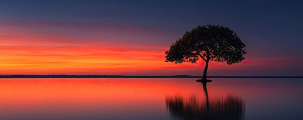 Obraz premium Lakeside sunset landscapes idea. A solitary tree silhouetted against a vibrant sunset over tranquil waters.