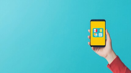 Hand Holding Smartphone with Colorful App Icons on Bright Background