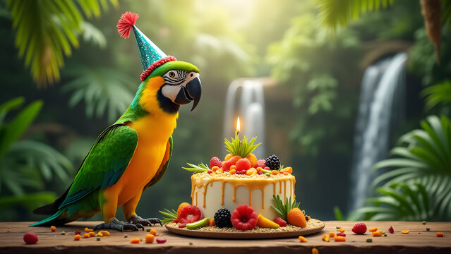 An Amazon parrot in a festive hat celebrates with a fruit-topped cake in a rainforest with flowers and waterfalls, creating a tropical and vibrant birthday atmosphere.