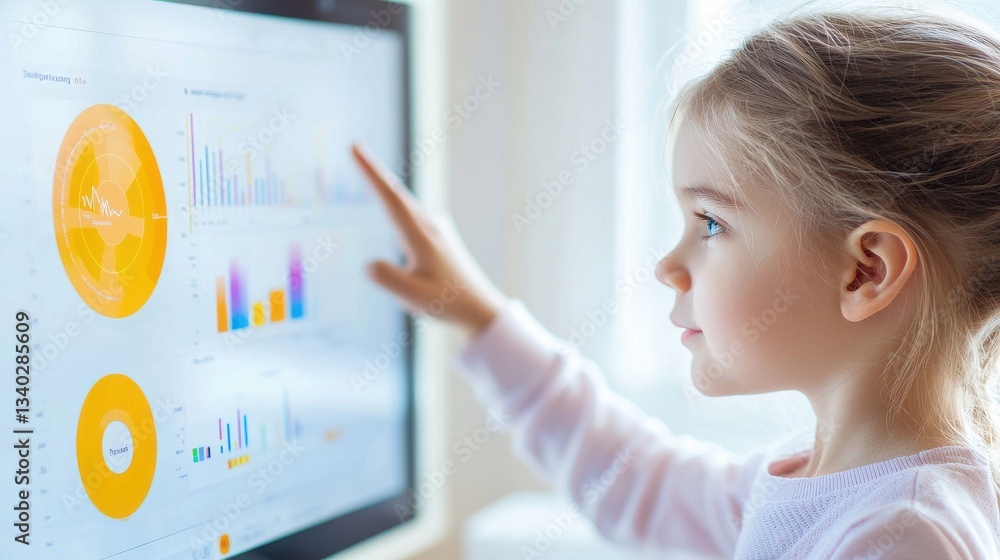 Poster young child interacting with digital data visualization on screen