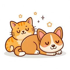 Cute cartoon dog and cat friendship vector illustration isolated on white background