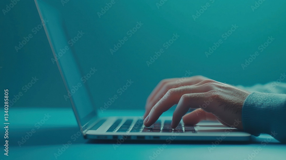 Poster hands typing on laptop keyboard with soft blue background