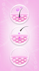 Hyaluronic acid before and after hair and skin solutions ad, pink removing serum drop over skin cells with cosmetic advertising background ready to use, illustration vector.	