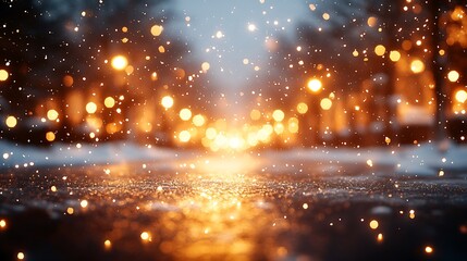 Snowy night scene with warm lights reflecting on icy ground.