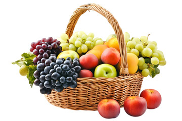 Wicker Basket Filled with Variety of Ripe Fruits Including Grapes Apples and Peaches on a Transparent Background