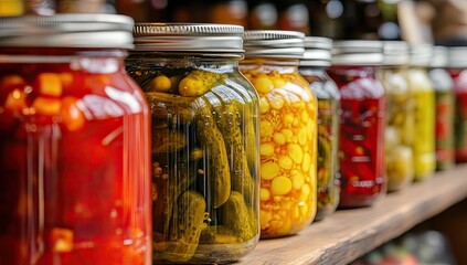 Variety of preserved vegetables in jars