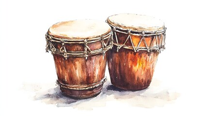 Two watercolor wooden percussion drums stand side by side