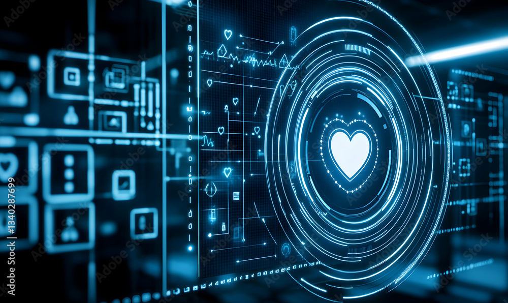 Poster futuristic digital heart health monitor interface. abstract technological background with glowing he