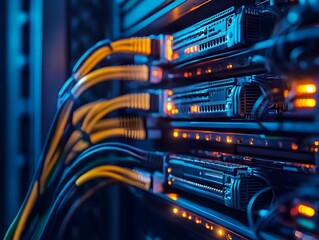 Network server room with data cables and glowing LED indicators