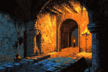 A pixelated scene from a video game, with a character navigating a dungeon, their health bar dangerously low, illuminated by flickering torches