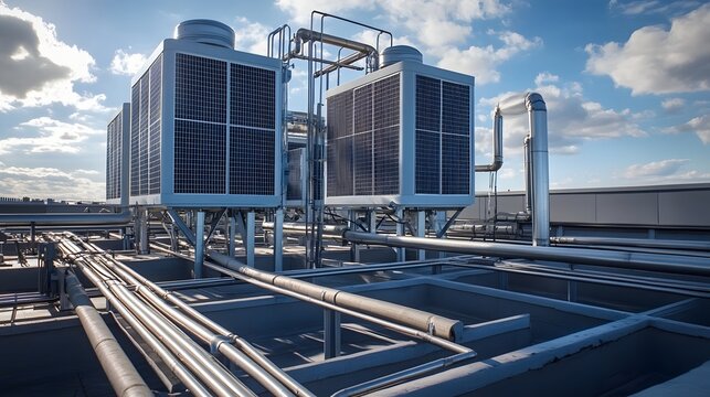 Rooftop industrial chiller plant with cooling towers and ventilation ducts