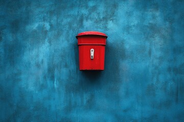 A minimalist art-inspired image of a bold red mailbox centered on a deep blue concrete wall, vibrant and clean.