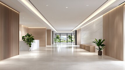 Fototapeta premium Modern Lobby Interior Design with Natural Light and Potted Plants