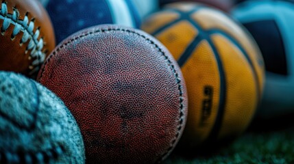 Close-up of various sports balls on a grassy surface