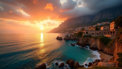 Fototapeta premium Fiery sunset over a picturesque Mediterranean village and turquoise bay. A breathtaking travel destination, generate AI
