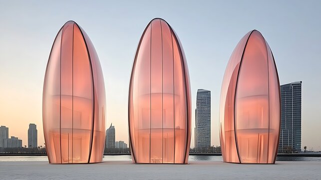 Three translucent, ovular structures at dawn.