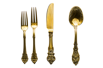 Golden Flatware Set with Ornate Design Isolated on Transparent Background, Top View