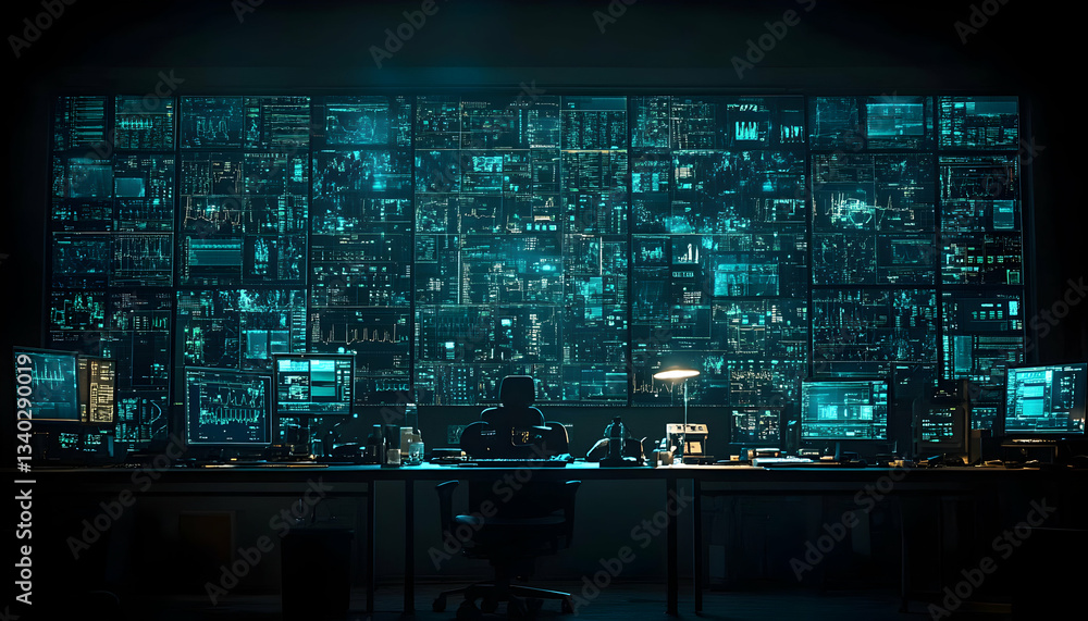 Poster dark futuristic control room with numerous screens displaying complex data, showcasing cutting-edge 
