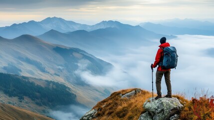 Fototapeta premium A serene hiker stands alone at the mountaina??s summit, gazing out over an endless mist-filled valley, embracing the quiet beauty of solitude and triumph.