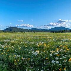 Fototapeta premium Vibrant meadow filled with wildflowers under a bright blue sky with distant mountains offering a tranquil scene in nature