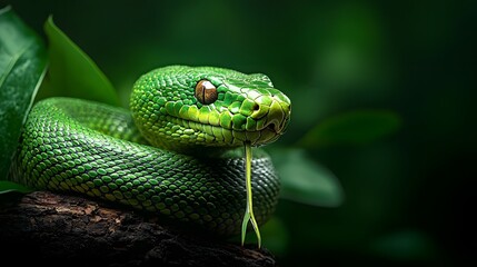Shimmering Green Anaconda Coiled Around Tree Branch in the Lush Amazon Rainforest Powerful Predator of the Tropical Jungle Ecosystem