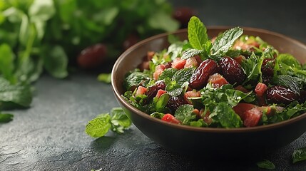 Fresh mint and date salad in a bowl.